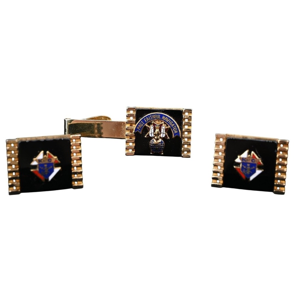 Vintage Knights of Columbus Past Faithful Navigator Cufflinks Tie Bar Set Gold